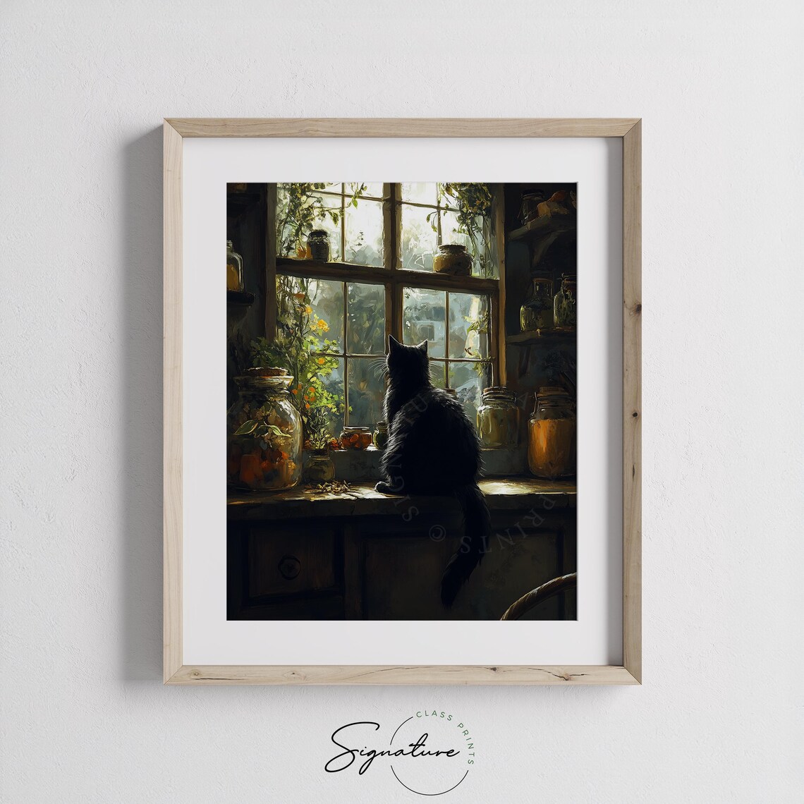 Black Cat Kitchen Windowsill Warm Light Rustic Potions Herbs Art Poster - Image 3
