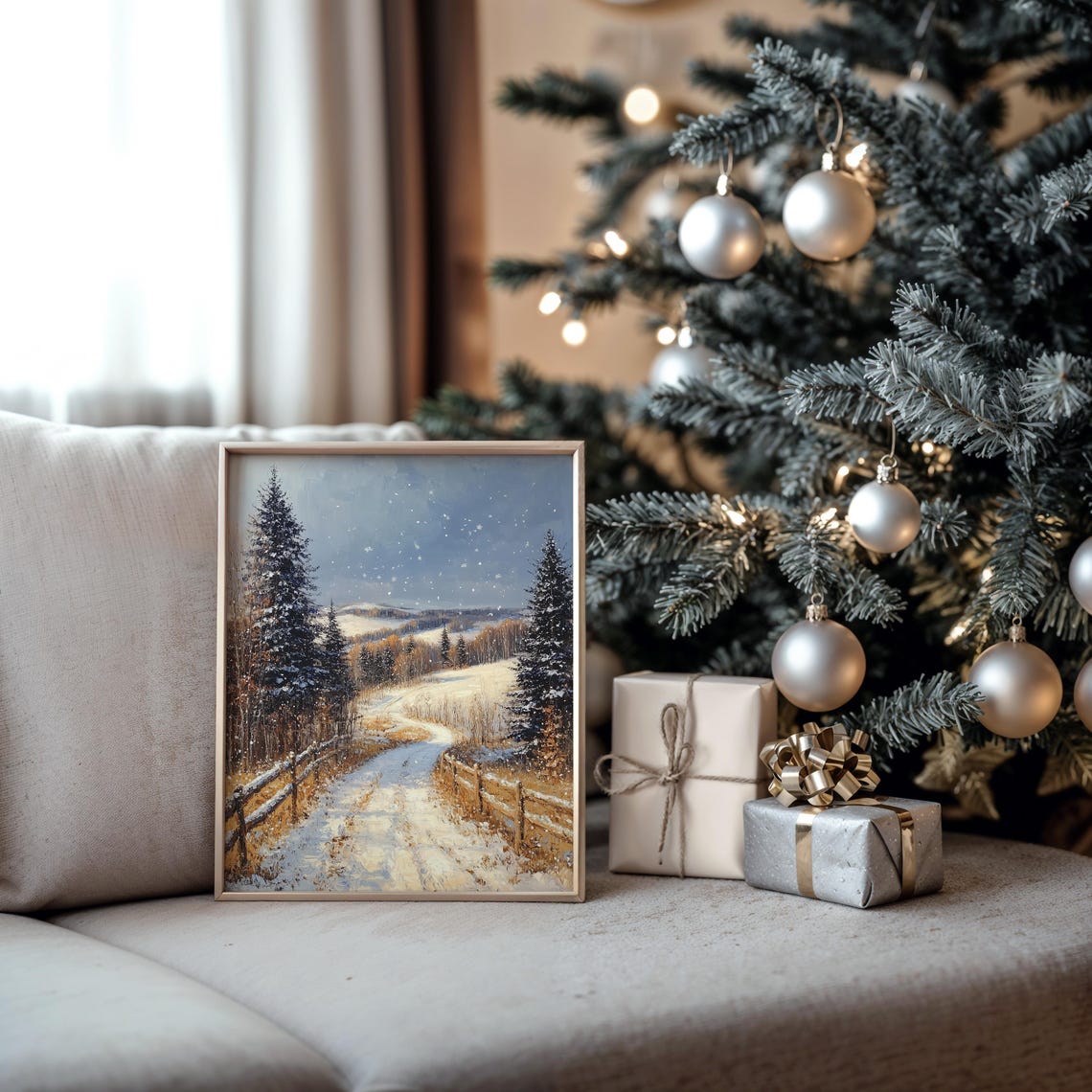Snowy Fenced Path through Winter Evergreens with Falling Snow Poster - Image 5