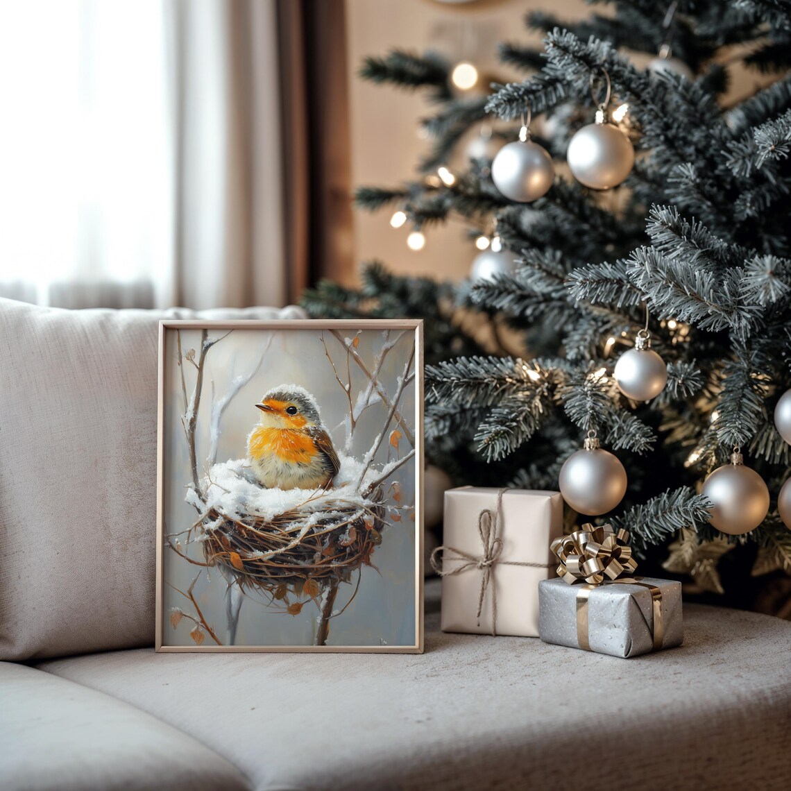Baby Robin In Snowy Nest With Winter Branches Sweet Bird Art Poster - Image 5