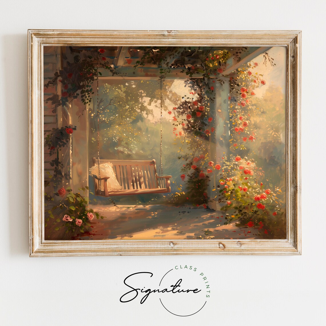 Sunlit Porch Swing Under Rose Pergola Garden Retreat Painting Poster
