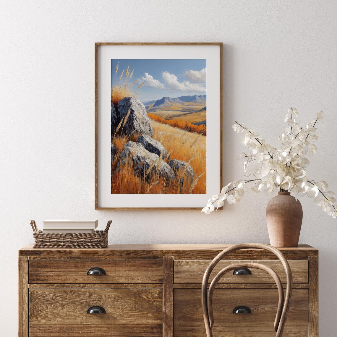 Rocky Autumn Hillside With Golden Grass Under Blue Mountain Sky Poster - Image 5