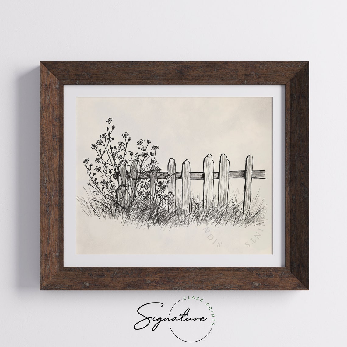 Wildflowers by a Wooden Picket Fence Pencil Sketch Botanical Poster - Image 5