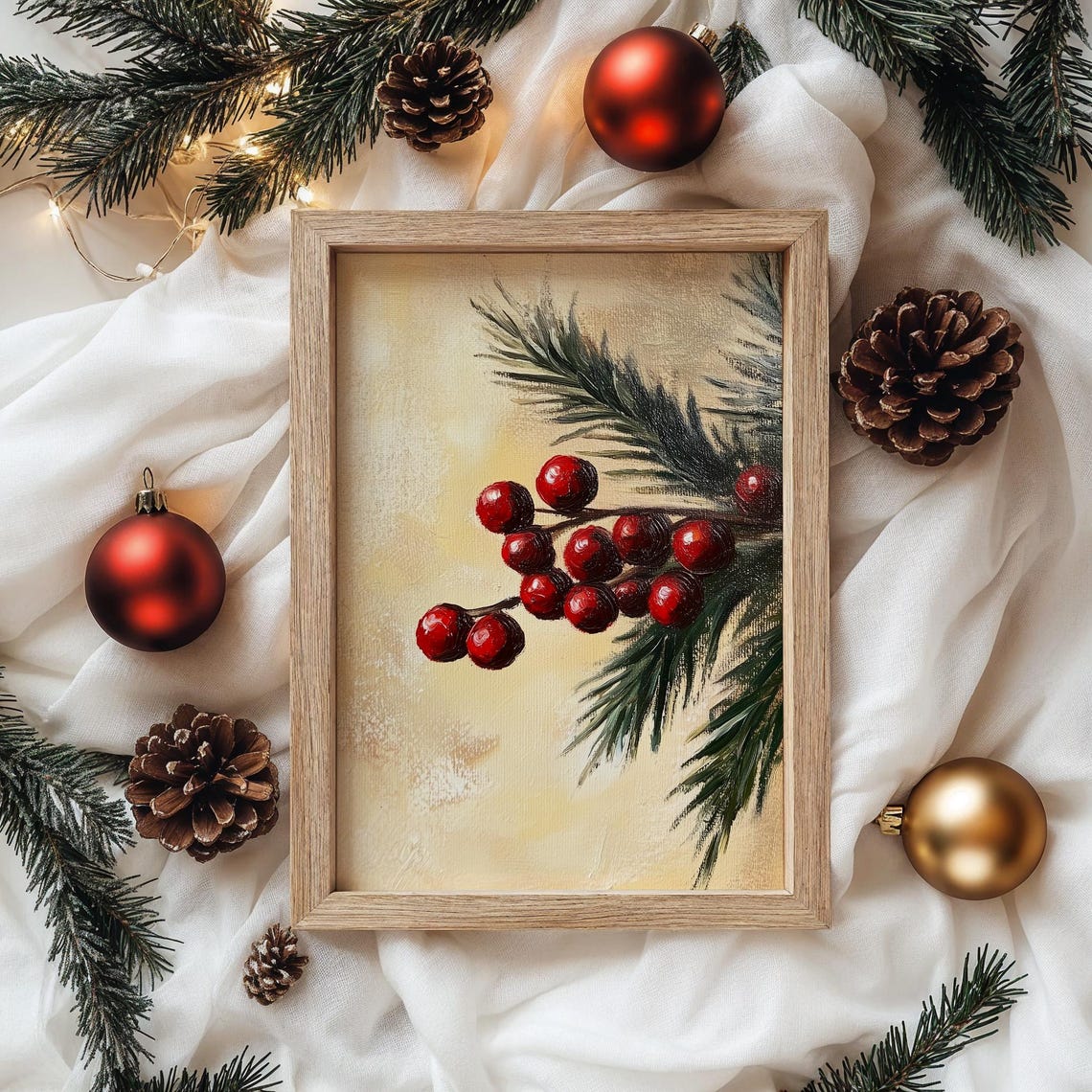 Bright Red Berry Cluster On Winter Evergreen Pine Branch Poster - Image 4