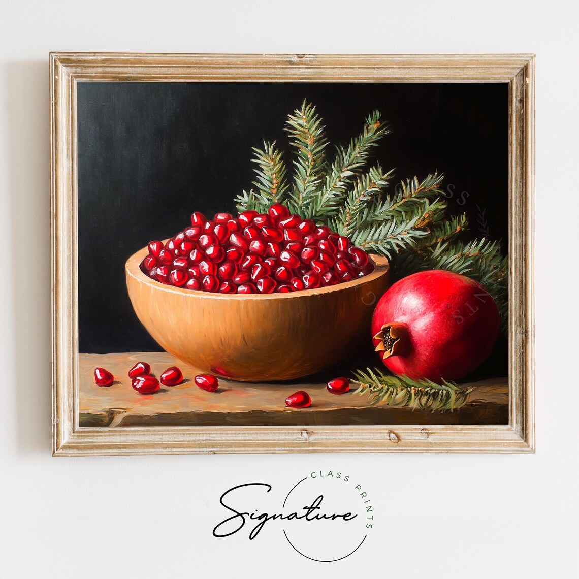 Pomegranate Arils In Wooden Bowl With Pine Sprigs Still Life Poster