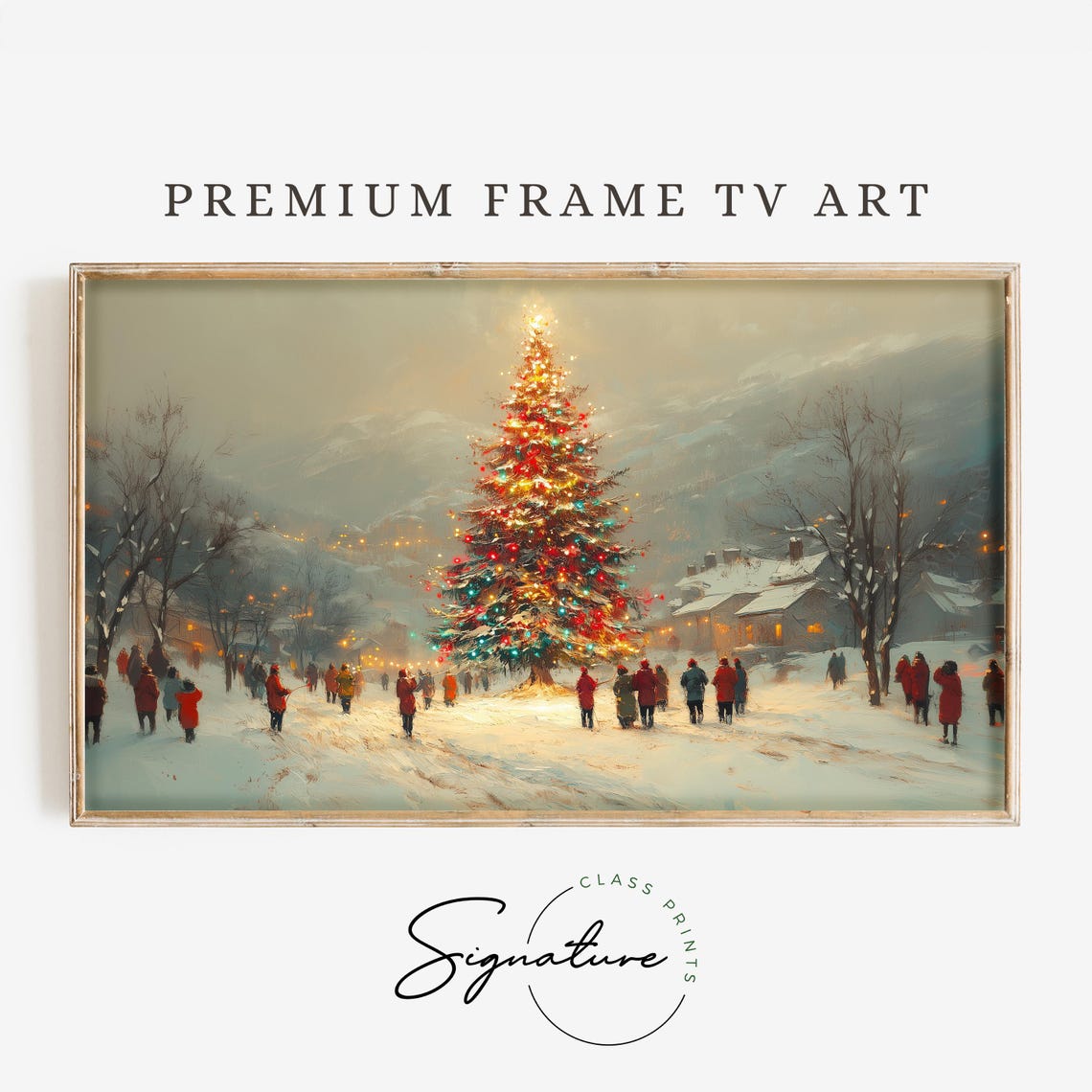 Town Christmas Tree Lighting Crowd In A Snowy Village Square Poster