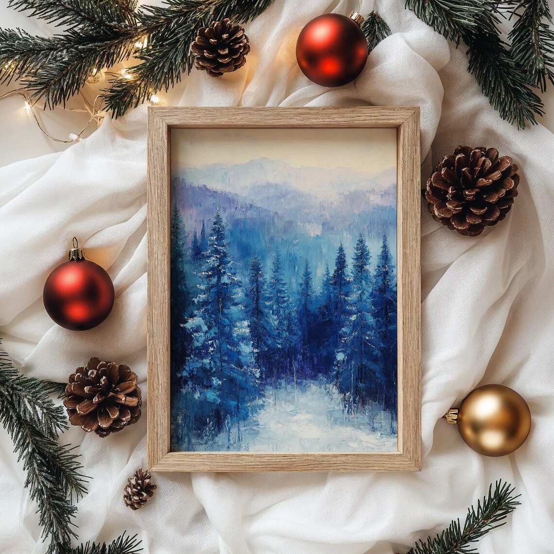 Serene Snowy Cedar Forest With Frosty Blue Tones Winter Art Poster - Image 4