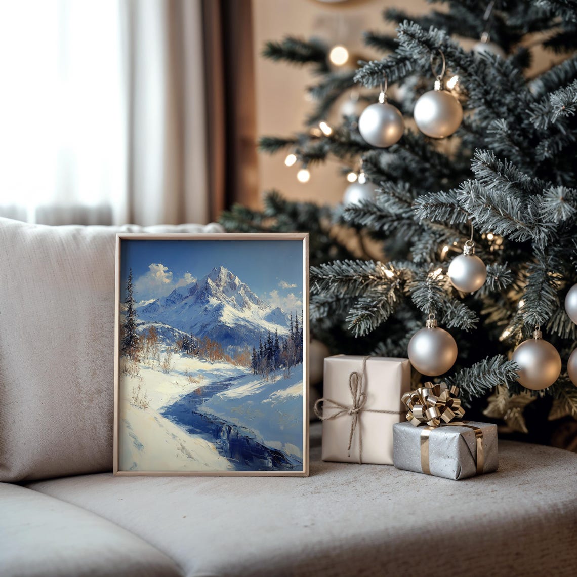 Snowy Mountain Peak With Pine Trees And Winding Stream Poster - Image 5