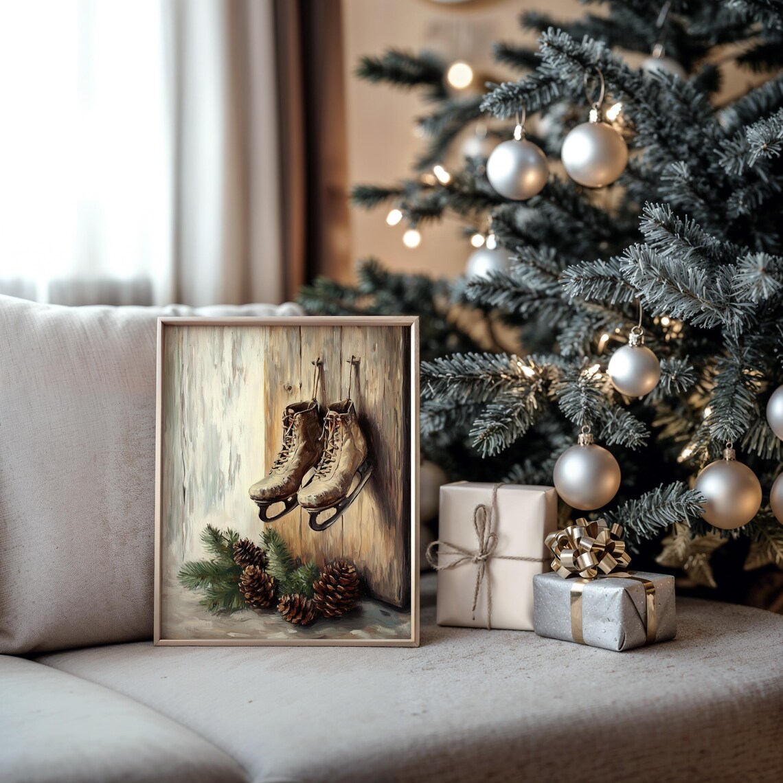 Vintage Ice Skates Hanging on Wooden Wall Winter Oil Painting Print - Image 5