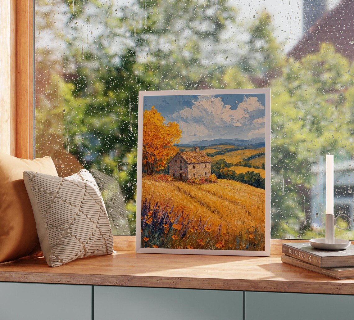 Old Stone Farmhouse In Golden Fields Wildflower Foreground Poster - Image 2