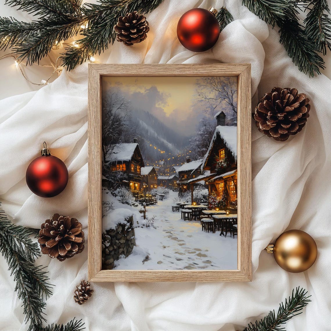 Magical Snowy Village Square With Outdoor Cafe Lights Winter Poster - Image 4