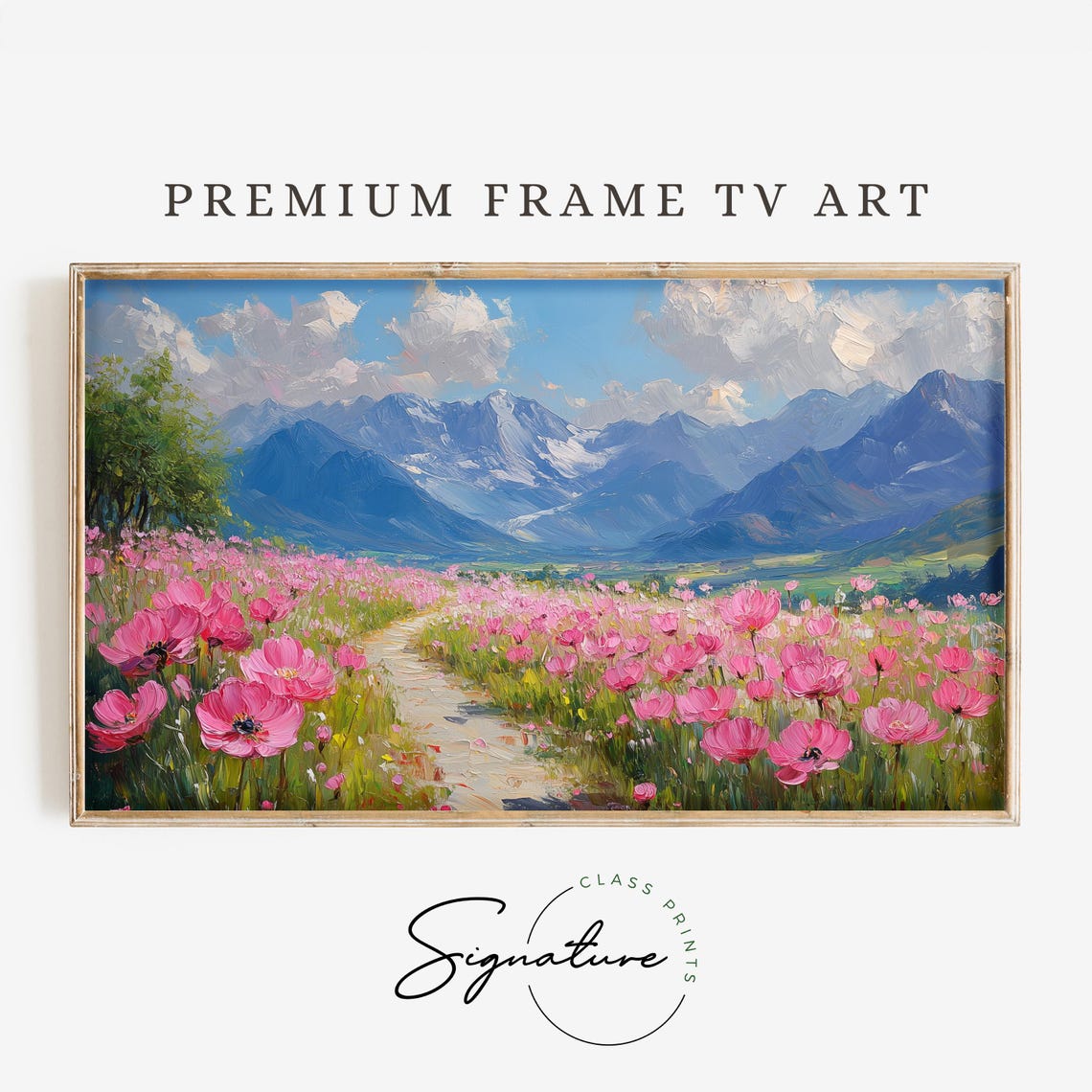Pink Poppy Field Flower Path Snowy Mountains Spring Scenic Wall Art