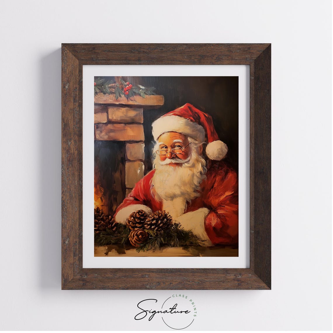 Santa Claus Resting by a Brick Fireplace With Pinecone Garland Poster - Image 3