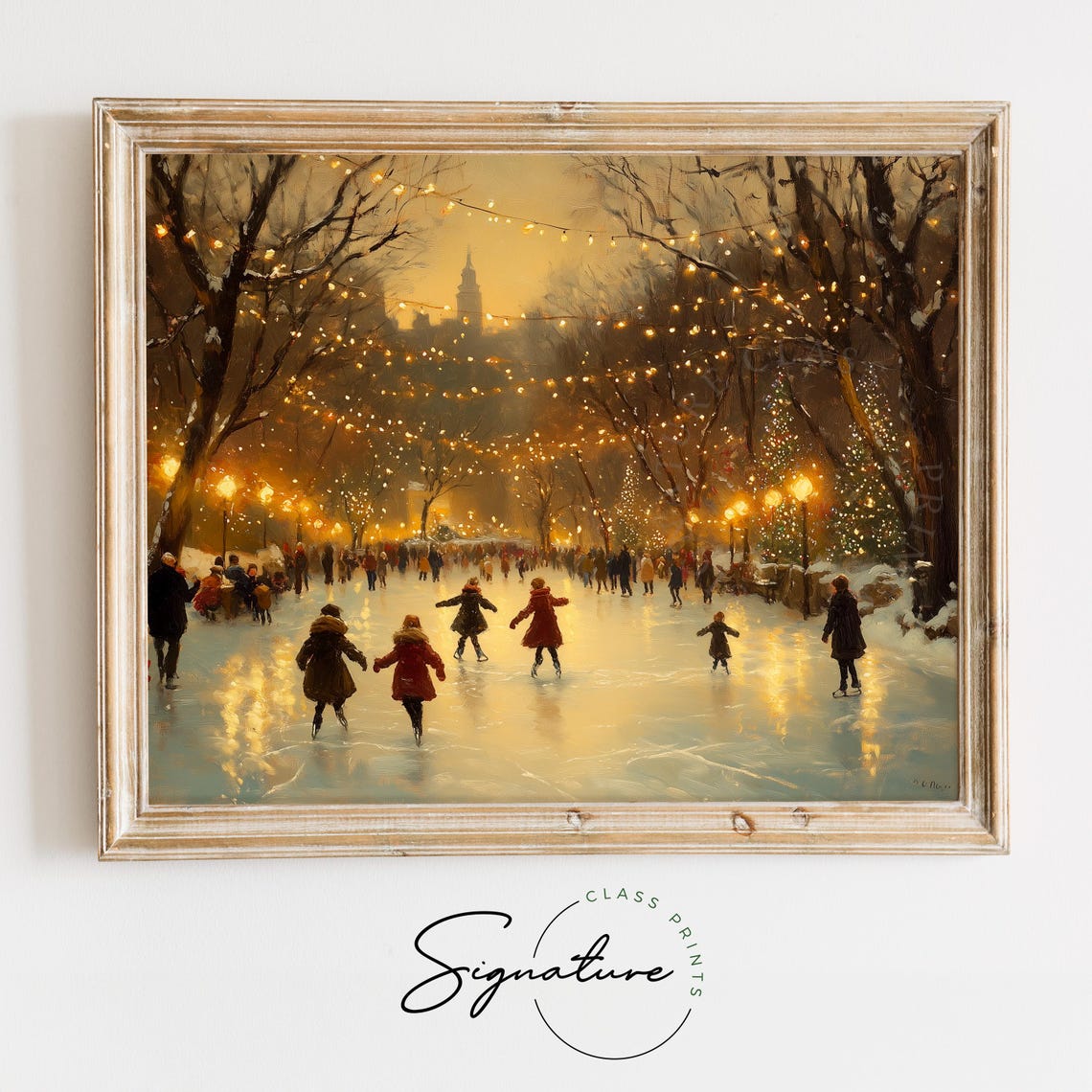 Ice Skaters Under String Lights In Snowy Park At Night Poster