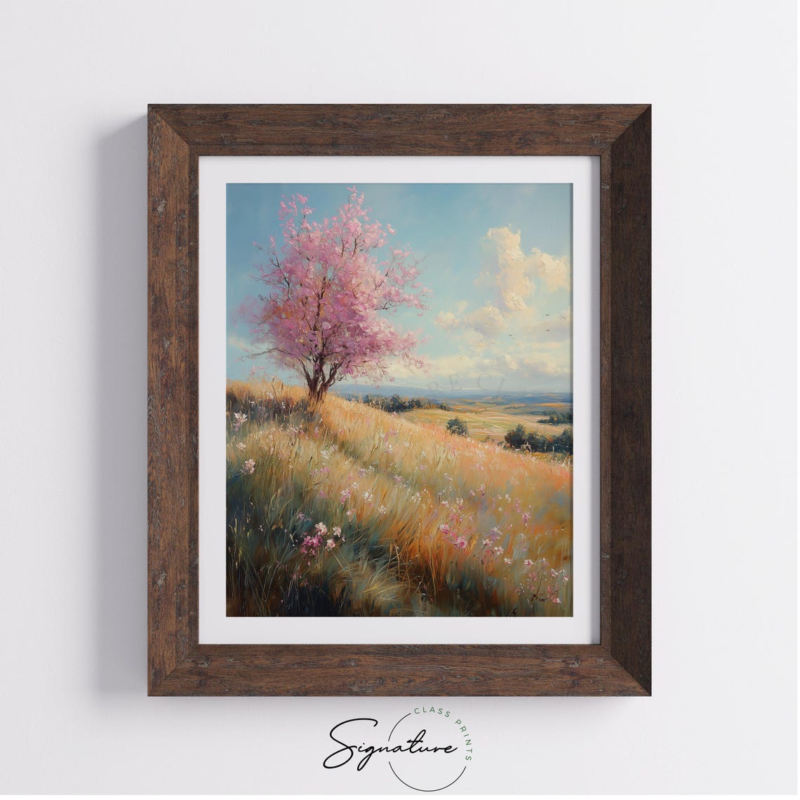 Pastoral Spring Meadow With Blossoming Pink Tree Golden Field Poster - Image 3