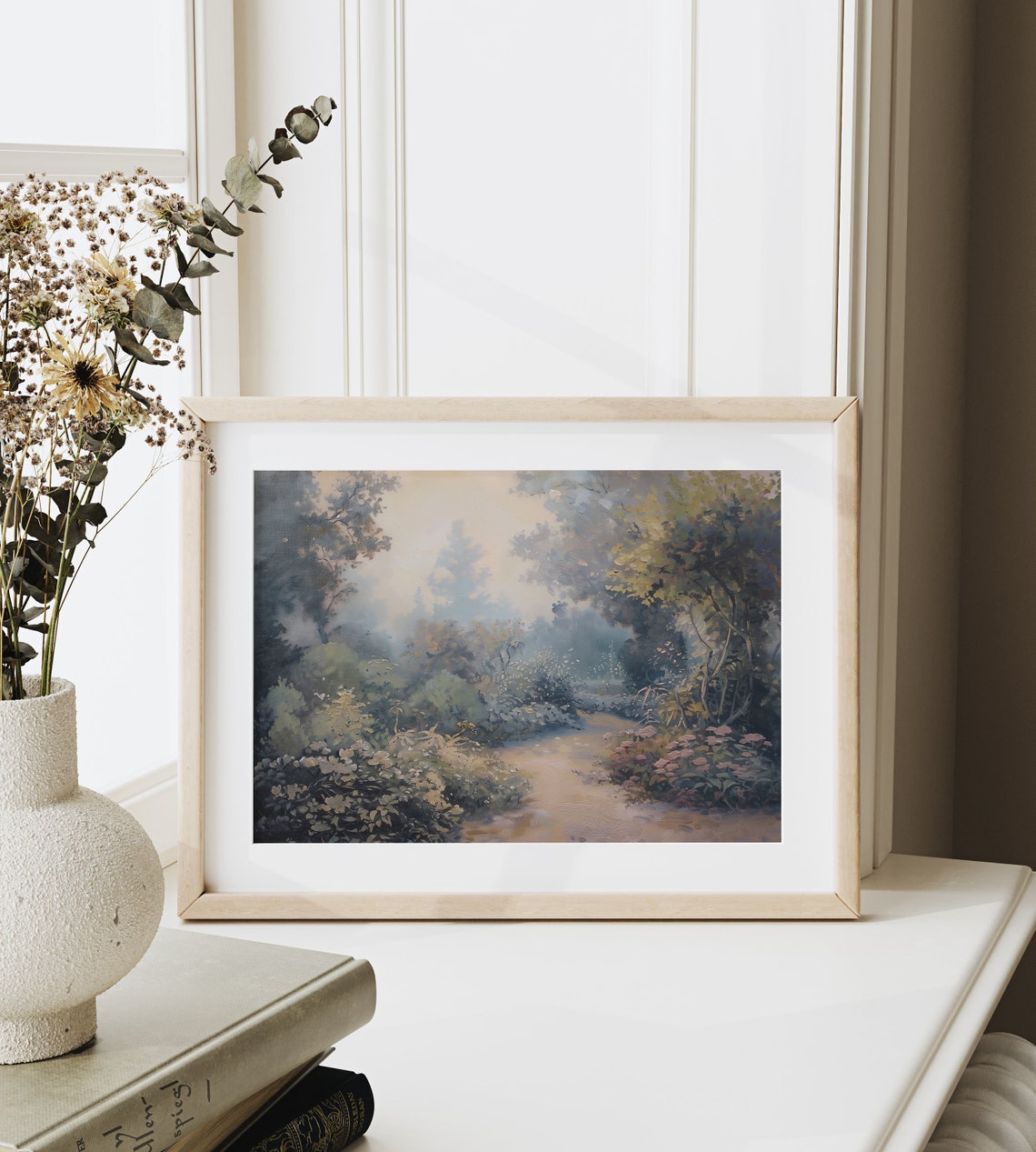 Misty Garden Path Through Blooming Shrubs Soft Impressionist Poster - Image 6