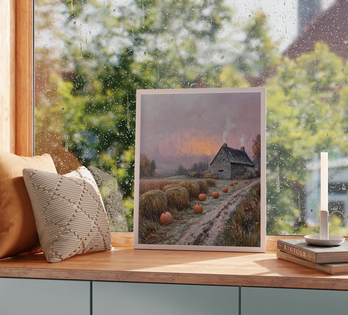 Stone Barn at Dawn With Hay Bales Pumpkins and a Smoky Chimney Poster - Image 2