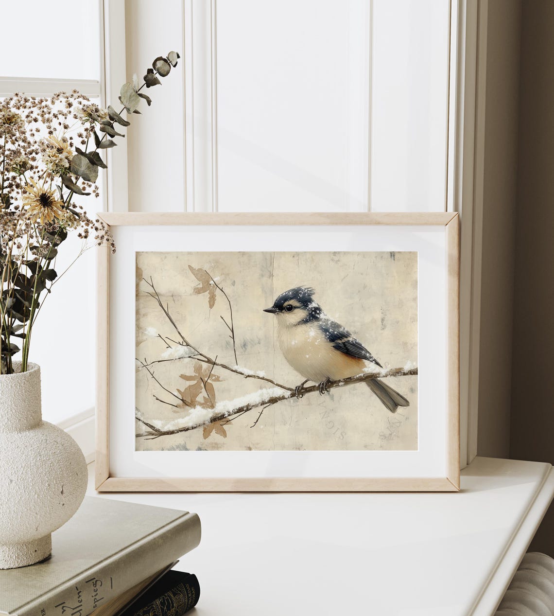 Frosted Titmouse On Snowy Branch In Winter Twilight Vintage Art Poster - Image 6