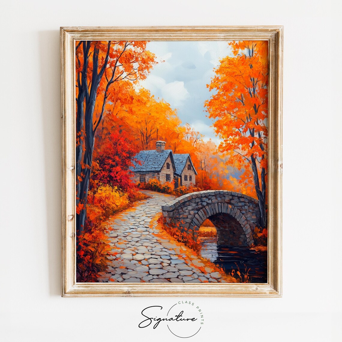Cobblestone Village Path, Rustic Autumn Landscape Art Print