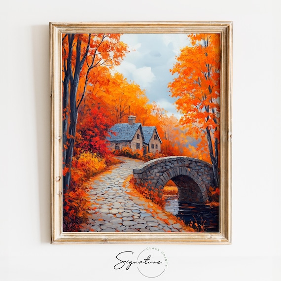 Cobblestone Village Path, Rustic Autumn Landscape Art Print
