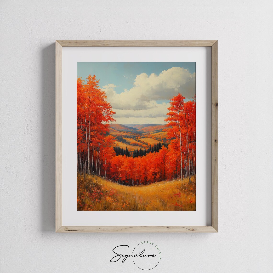 Red Birch Forest Framing Sweeping Autumn Valley and Distant Hills Wall Art - Image 3