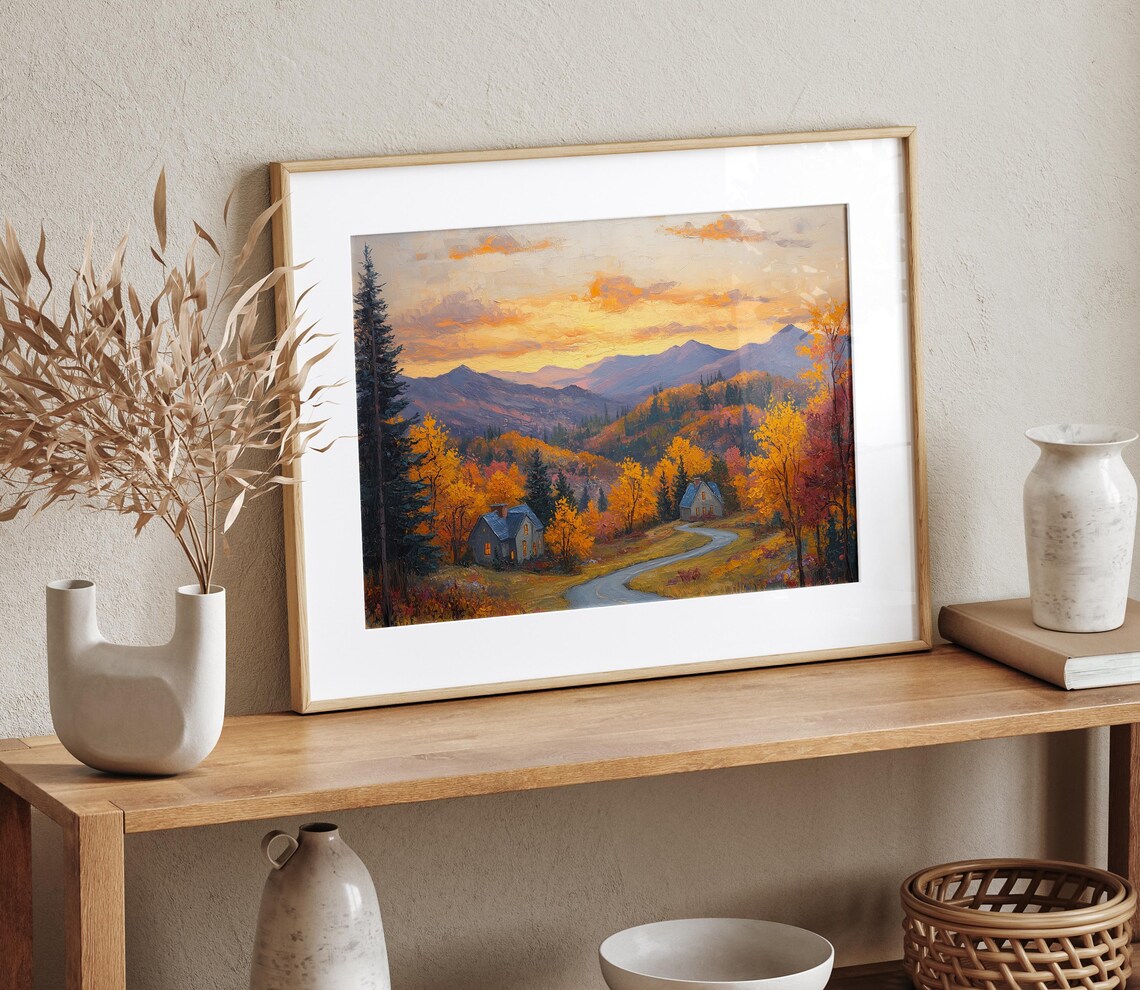 Autumn Mountain Road Sunset Cabins Oil Painting Landscape Poster - Image 4