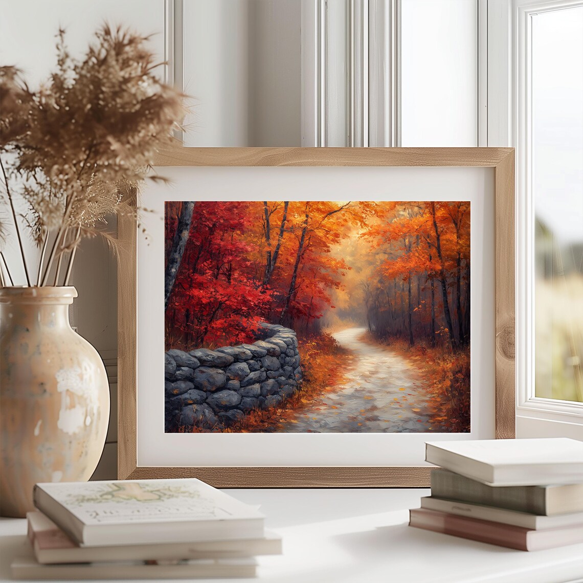 Misty Autumn Lane With Old Stone Wall Beneath Flaming Red Trees Poster - Image 2