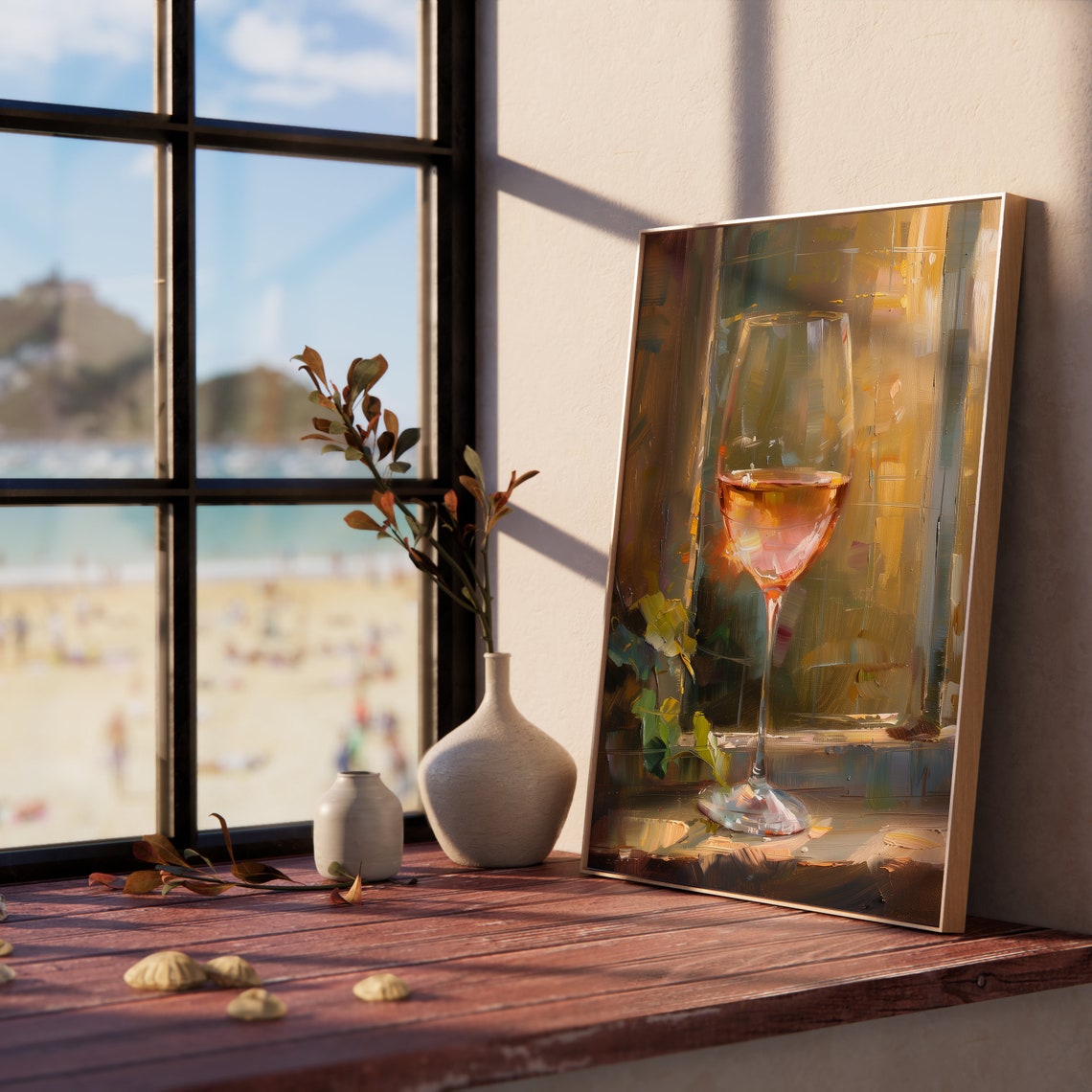 Glass of Rose Wine on Sunny Windowsill with Vine Leaves Poster - Image 5