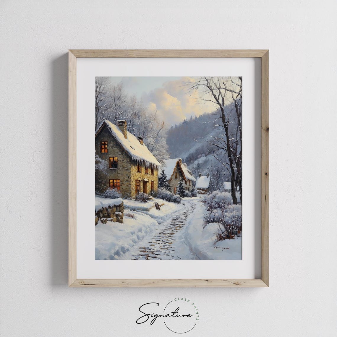 Glowing Stone Cottages on Snowy Village Path Winter Scene Poster - Image 2