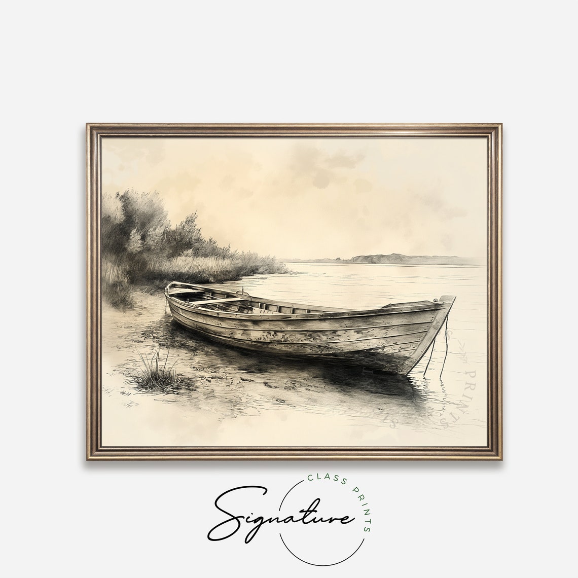 Vintage Rowboat Resting On Riverbank Rustic Nautical Sketch Poster - Image 4