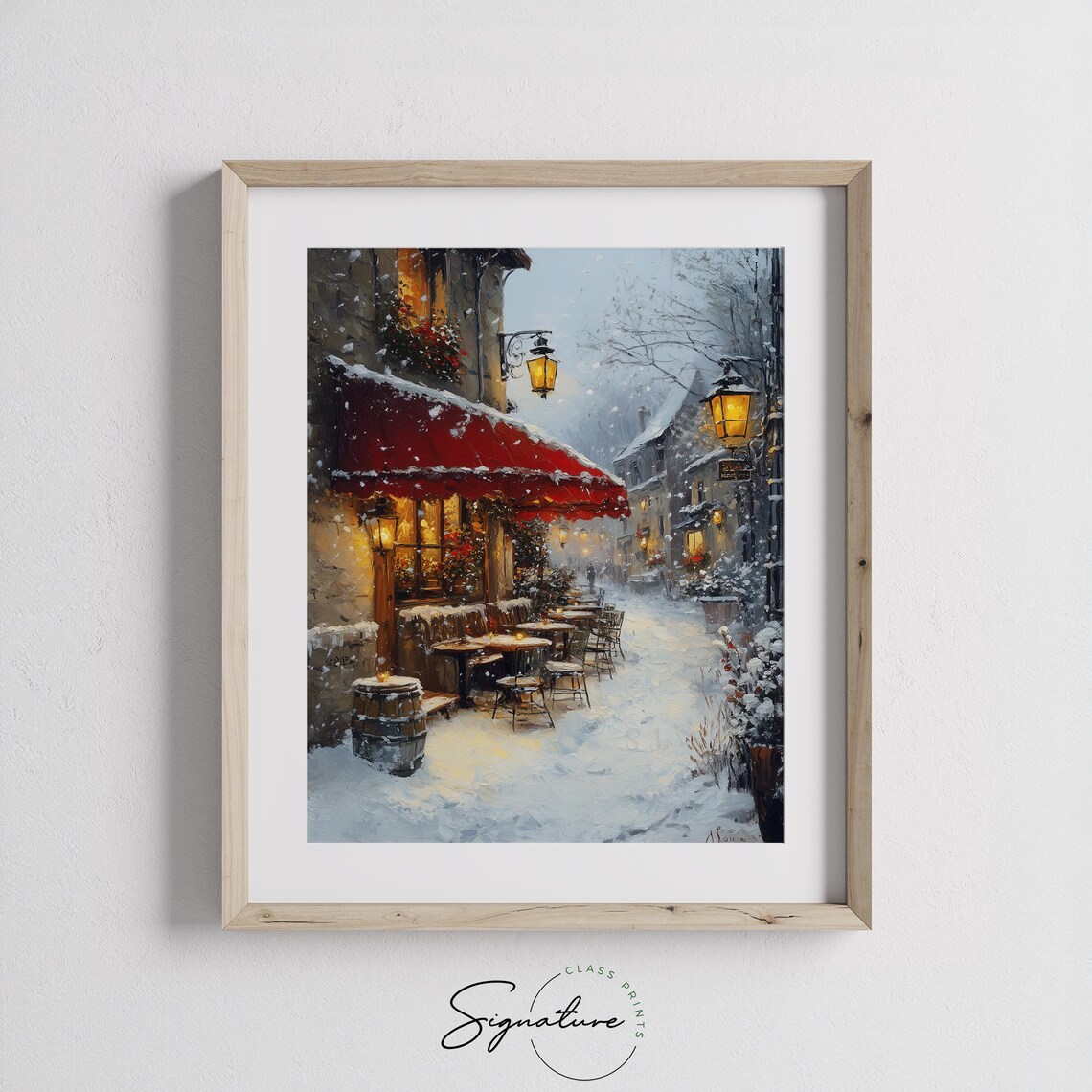 Snowy Cafe With Red Awning Cozy Winter European Street Scene Poster - Image 2