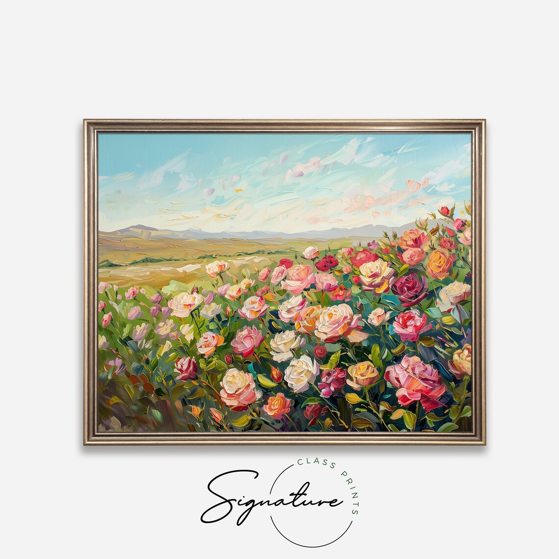Vibrant Rose Field Art Print, Rustic Floral Landscape - Image 4