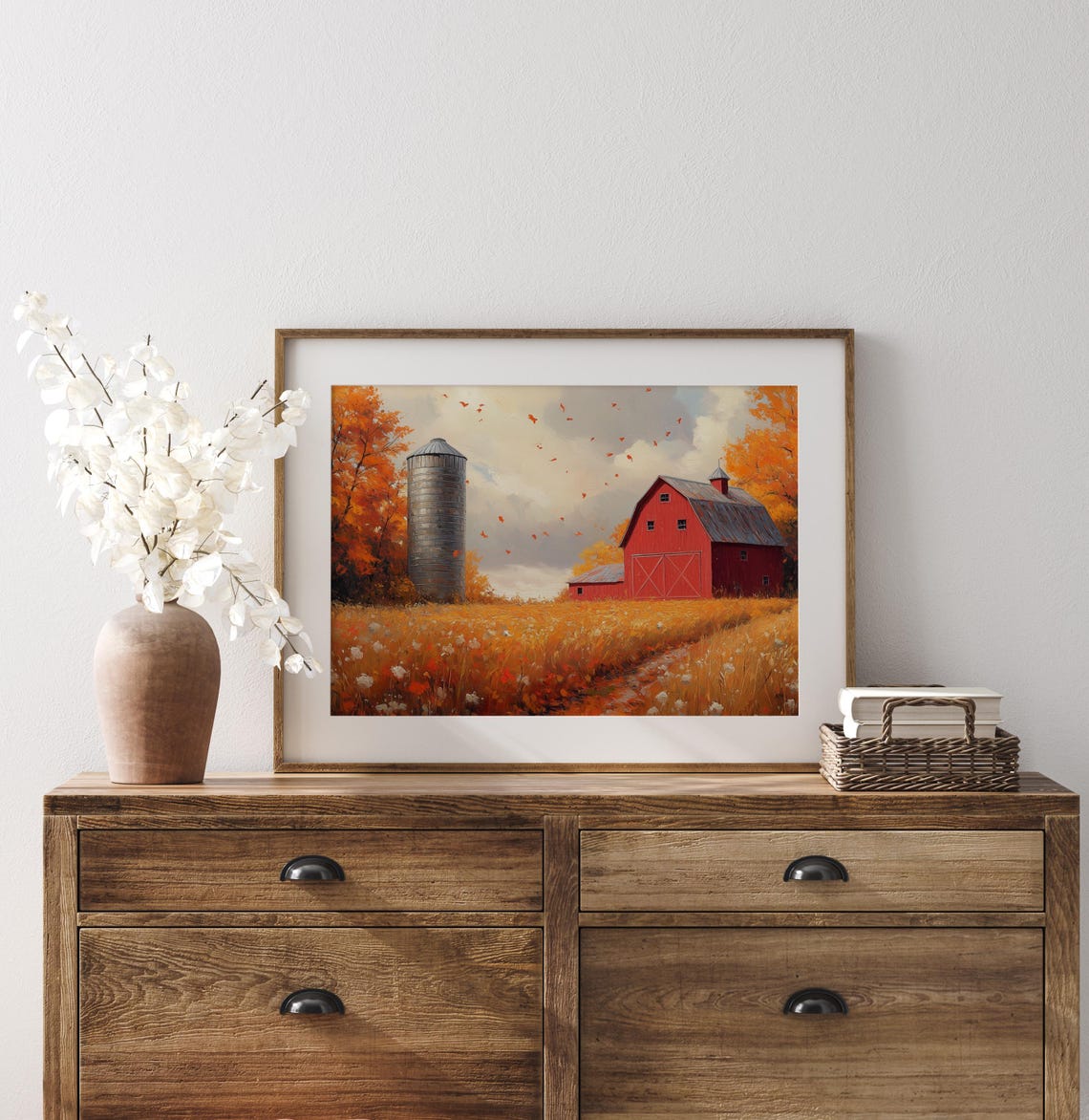 Red Barn and Silo in Golden Field with Falling Autumn Leaves Poster - Image 3