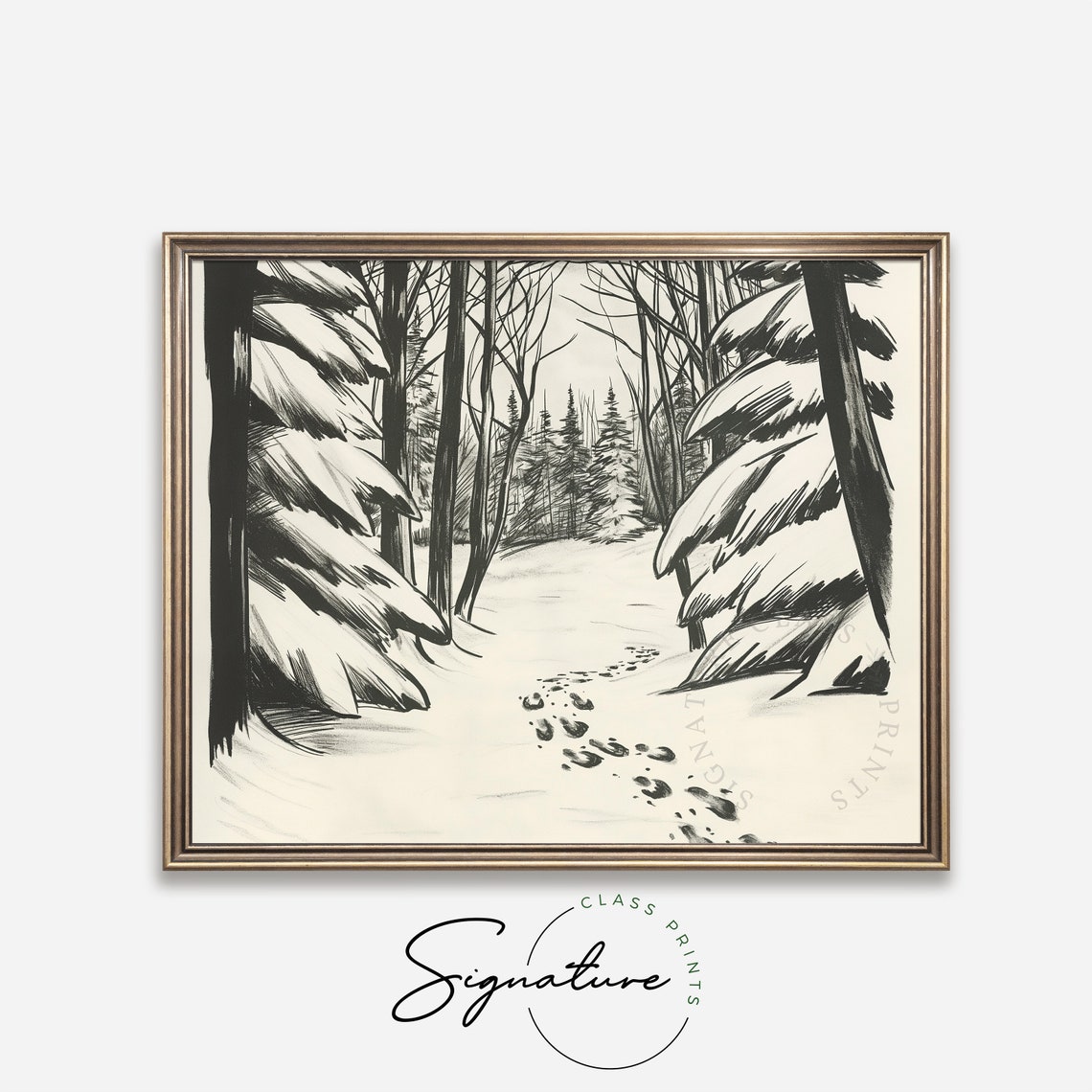 Snowy Path Through Winter Wood With Footprints Sketch Poster - Image 4