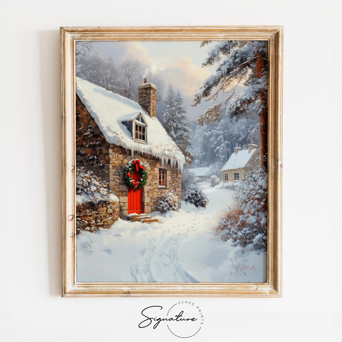 Stone Cottage with Red Door Wreath in a Snowy Winter Forest Poster