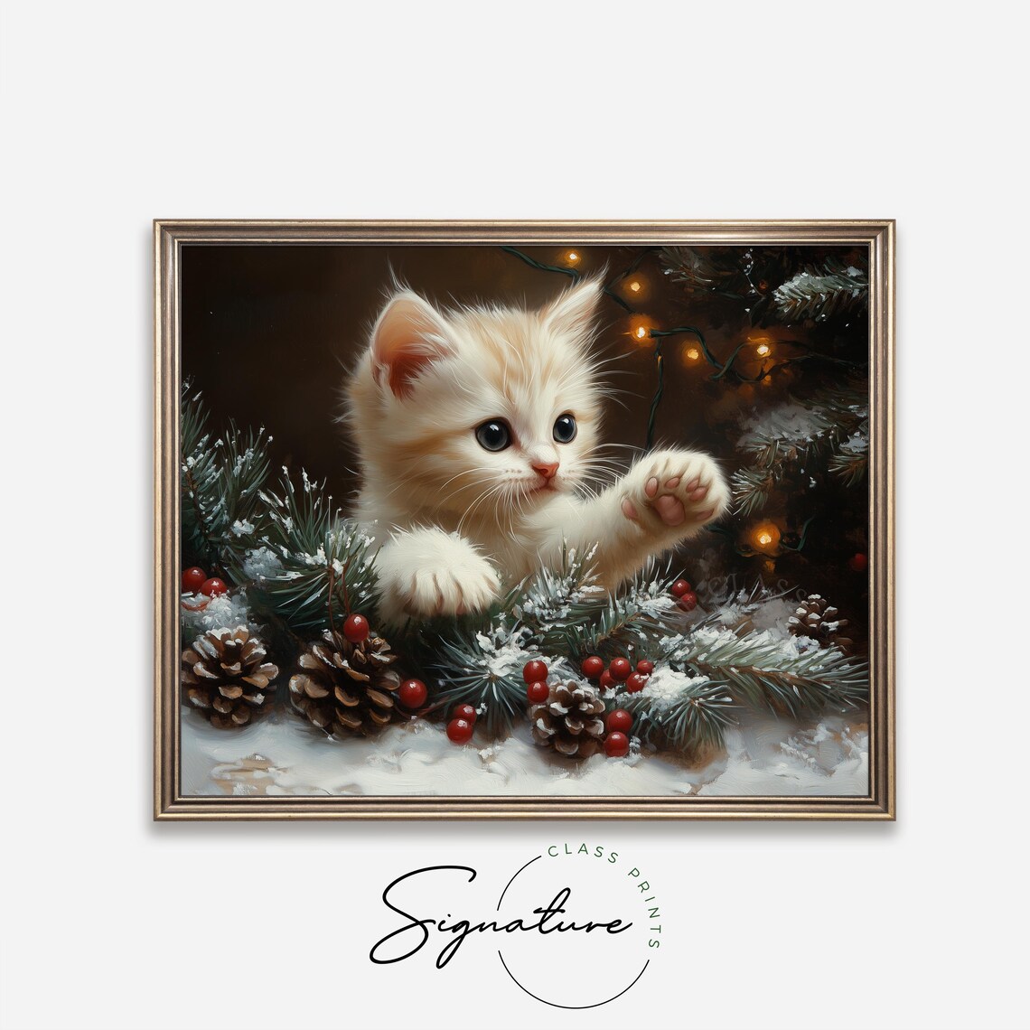 Playful Cream Kitten Among Snowy Pinecones and Red Berries Poster - Image 4