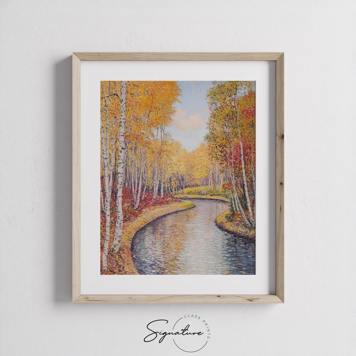 Serene Birch Forest Bowing Over a Sparkling Autumn River Poster - Image 3
