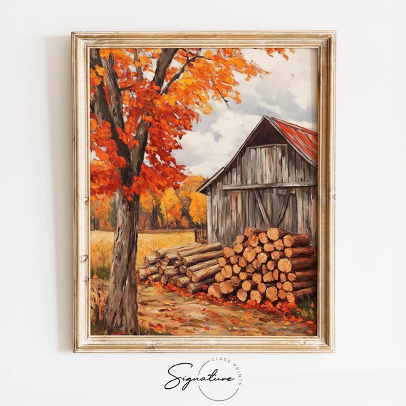 Weathered Barn With Stacked Firewood Under Blazing Autumn Tree Wall Art