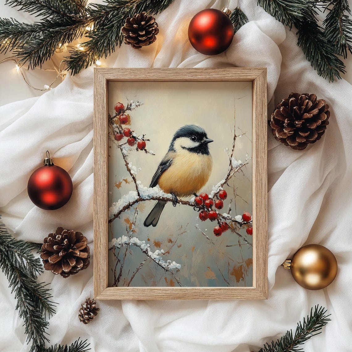 Chickadee on Snowy Branch with Bright Red Berries Winter Print - Image 4