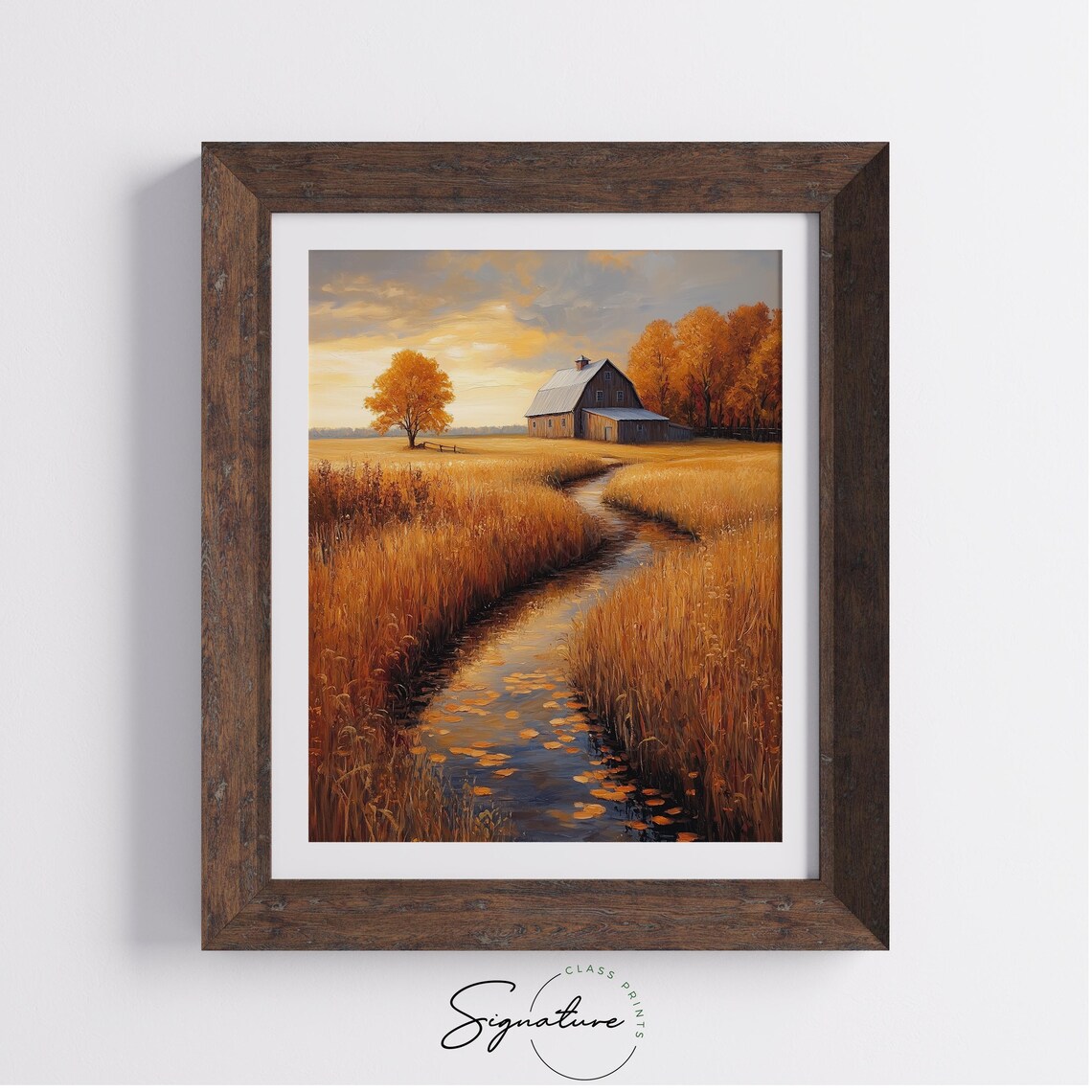 Gray Wooden Barn Beside Winding Stream Through Wheat at Sunset Wall Art - Image 4