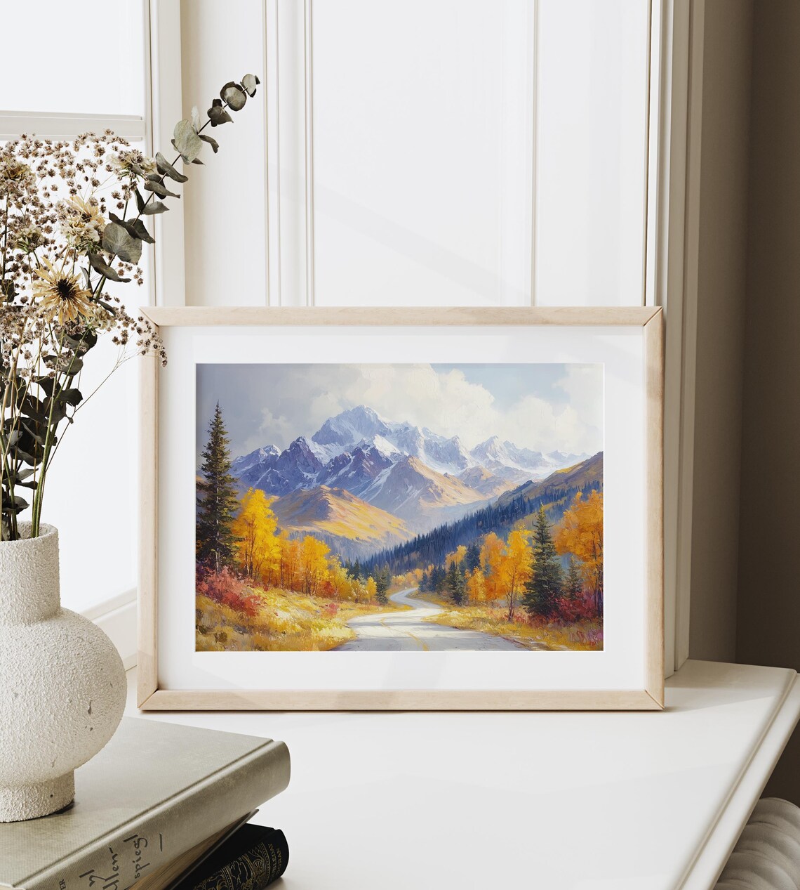 Country Road Golden Autumn Forest Snowy Peaks Oil Painting Poster - Image 6