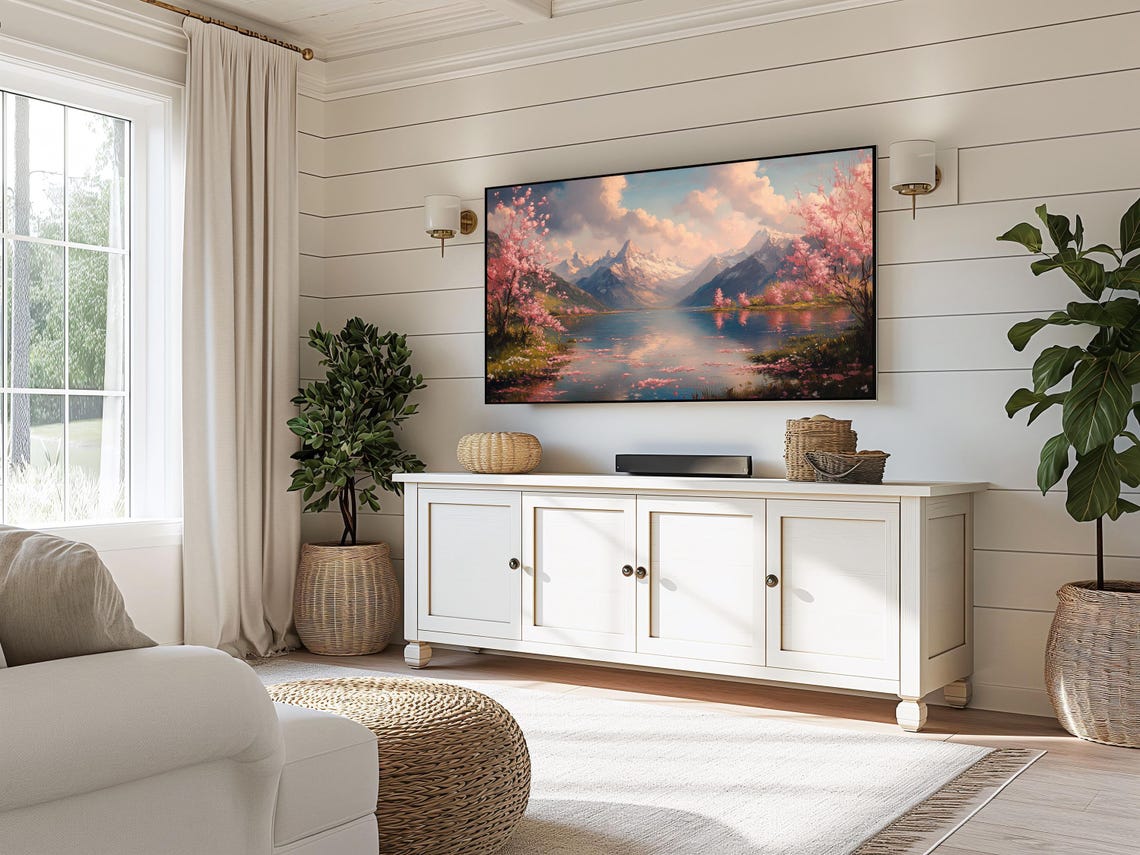 Cherry Blossoms Over Alpine Lake With Snowy Peaks Frame TV Wall Art - Image 5