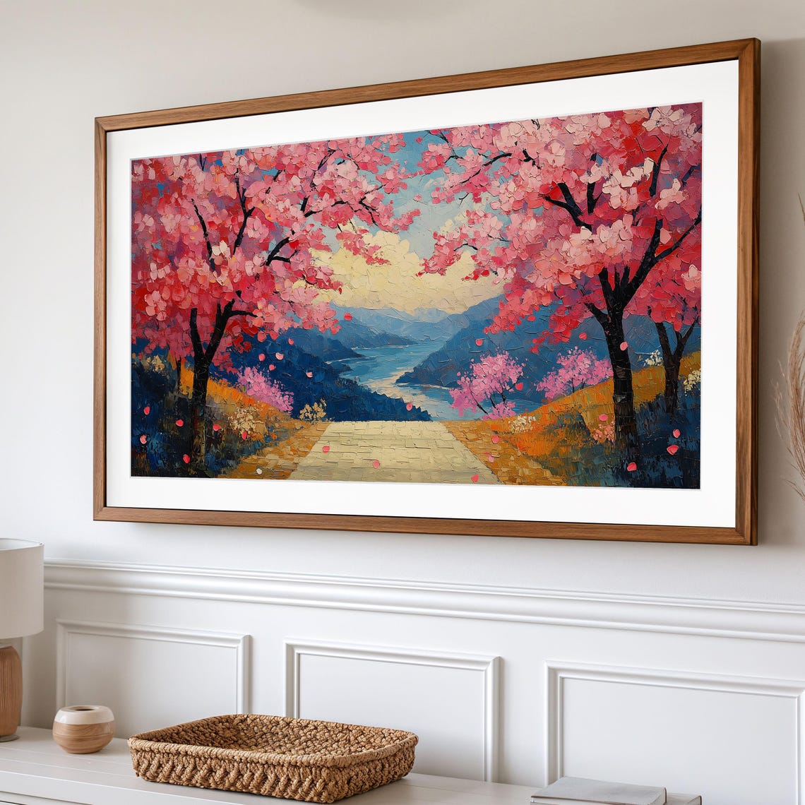 Cherry Blossom Path Overlooking Mountain Lake Impasto Art Poster - Image 2