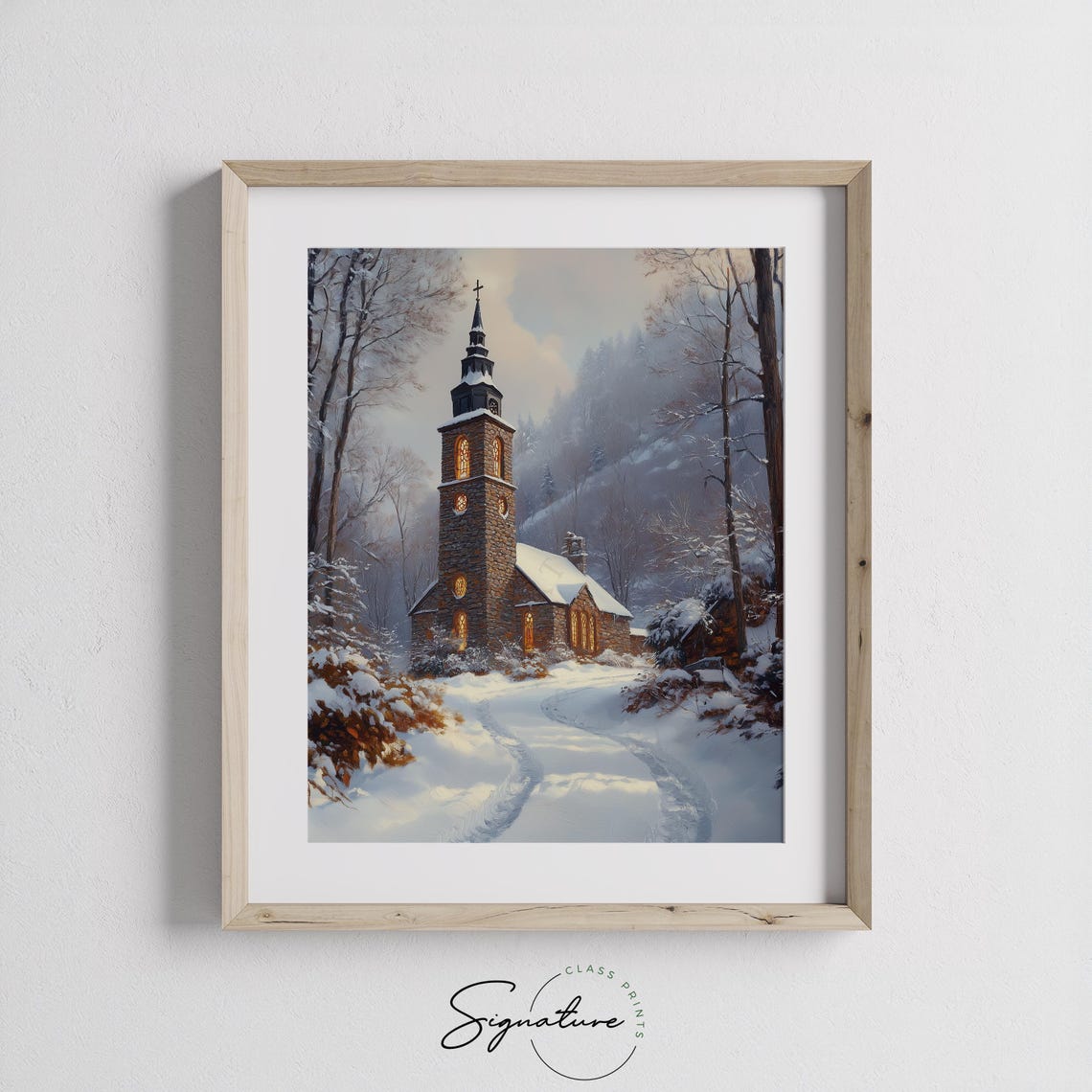 Snowy Stone Church With Glowing Windows And Tall Spire Winter Wall Art - Image 2