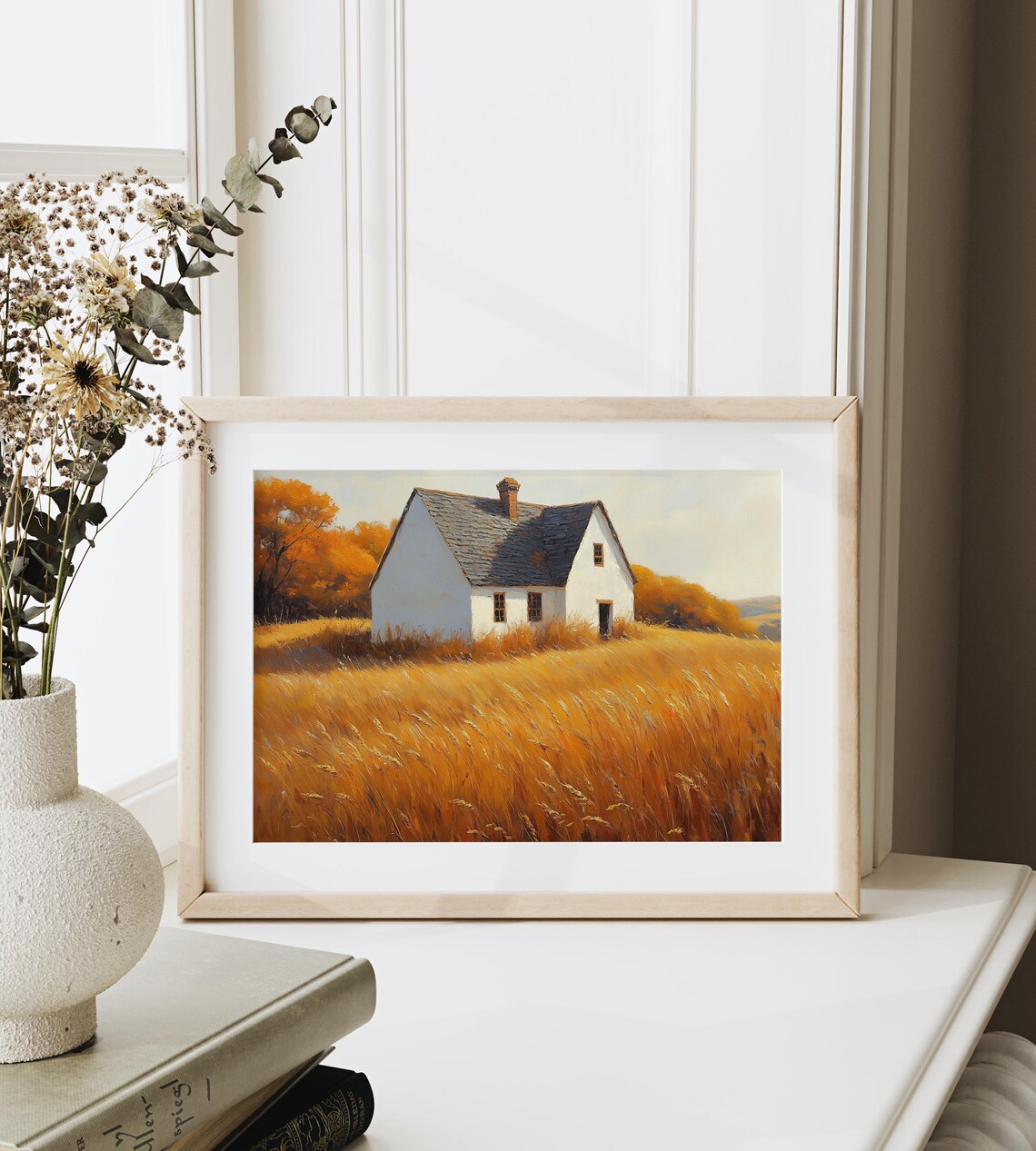 White Barn Golden Wheat Field Autumn Farm Rustic Fall Landscape Wall Art - Image 6