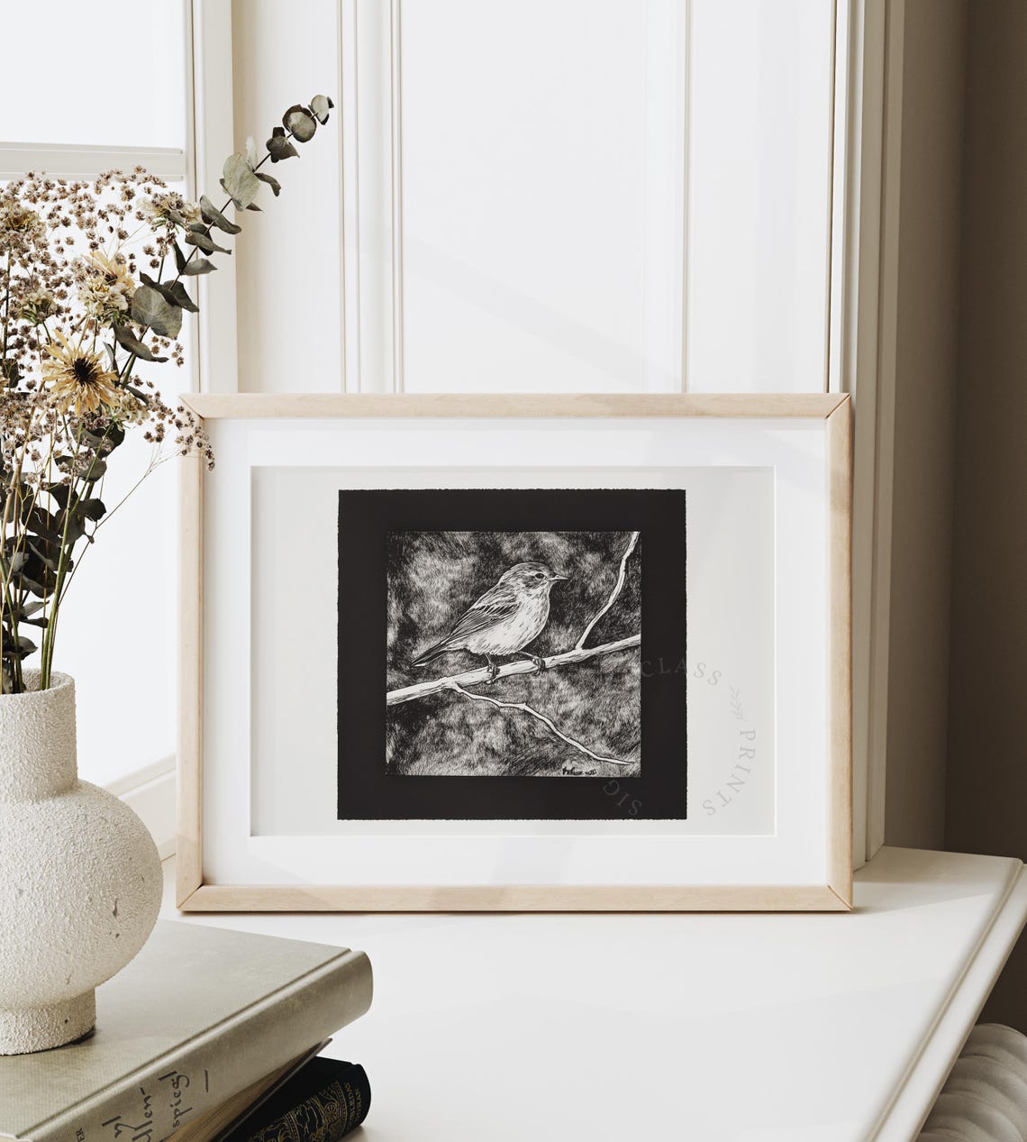 Songbird On Branch Dark Background Rustic Black And White Poster - Image 6