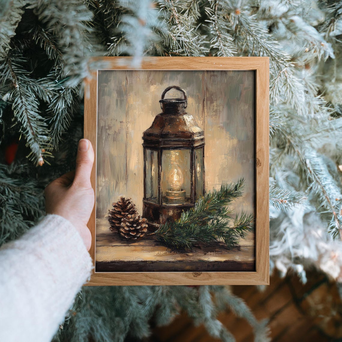 Glowing Rustic Lantern with Pinecones Winter Oil Painting Print - Image 6