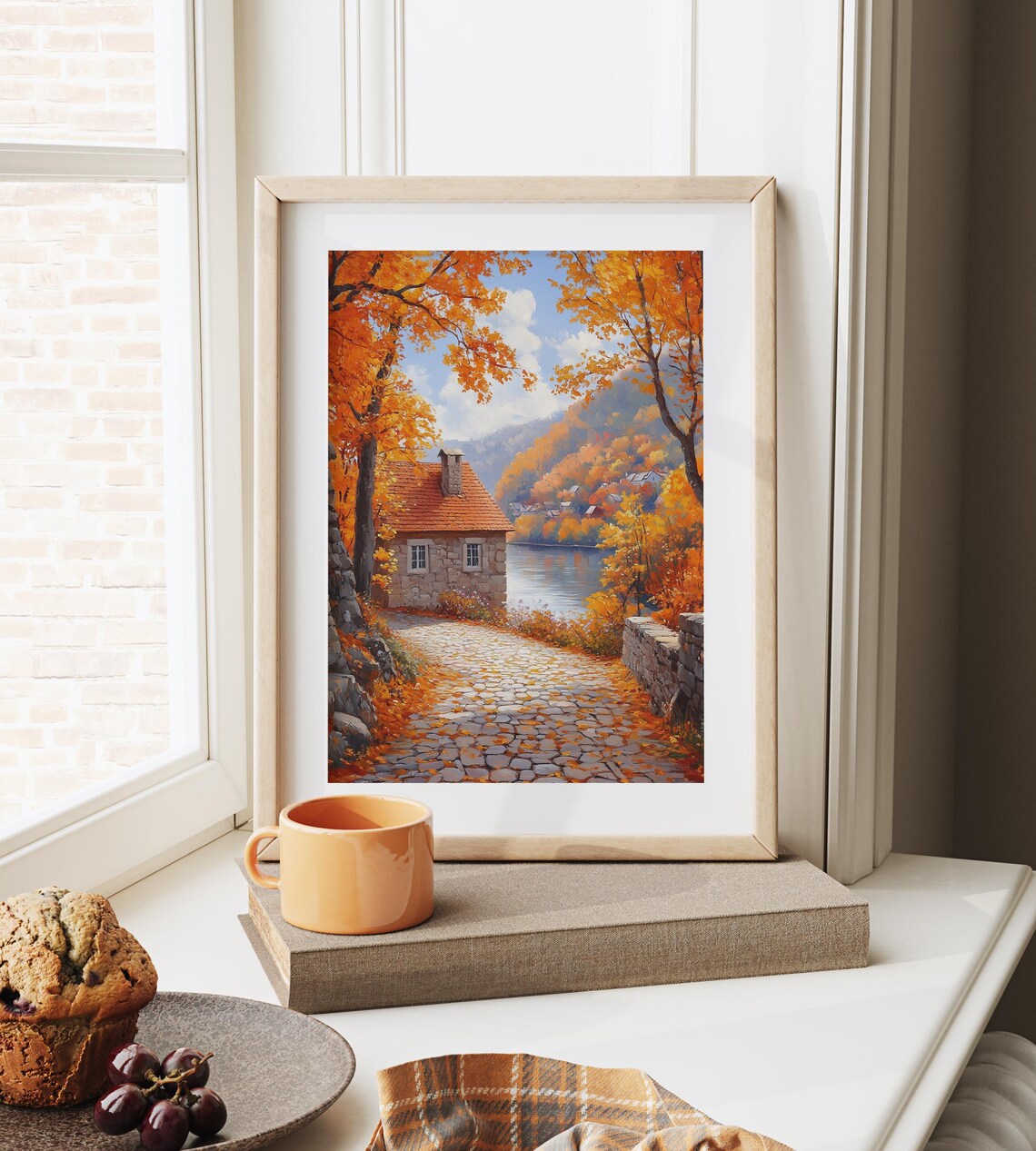 Stone Cottage By The River At The End Of A Golden Cobblestone Lane Poster - Image 6