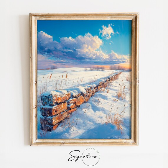 Snowy Stone Wall Winter Field Dramatic Bright Sky Landscape Poster
