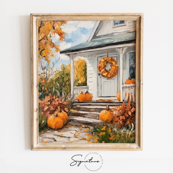 Rustic Cottage Porch With Pumpkins And Wreath Fall Harvest Poster
