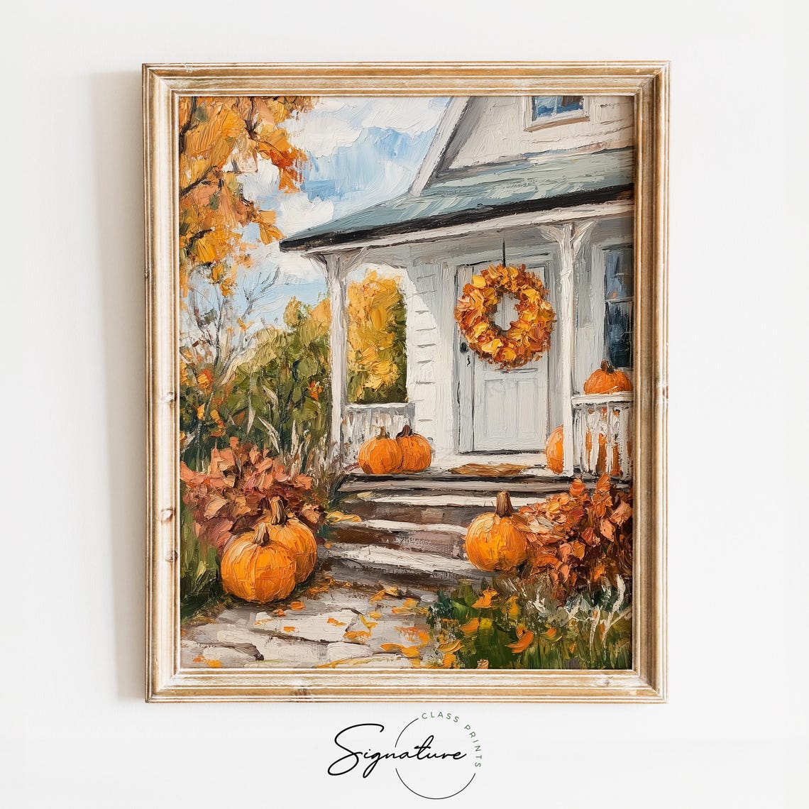 Rustic Cottage Porch With Pumpkins And Wreath Fall Harvest Poster